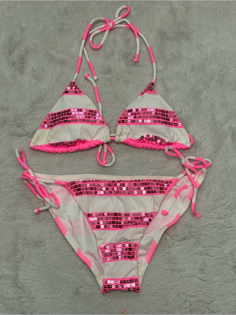 Victoria's Secret Pink and White Sequin Stripe Triangle Bikini - Picture 2 of 6
